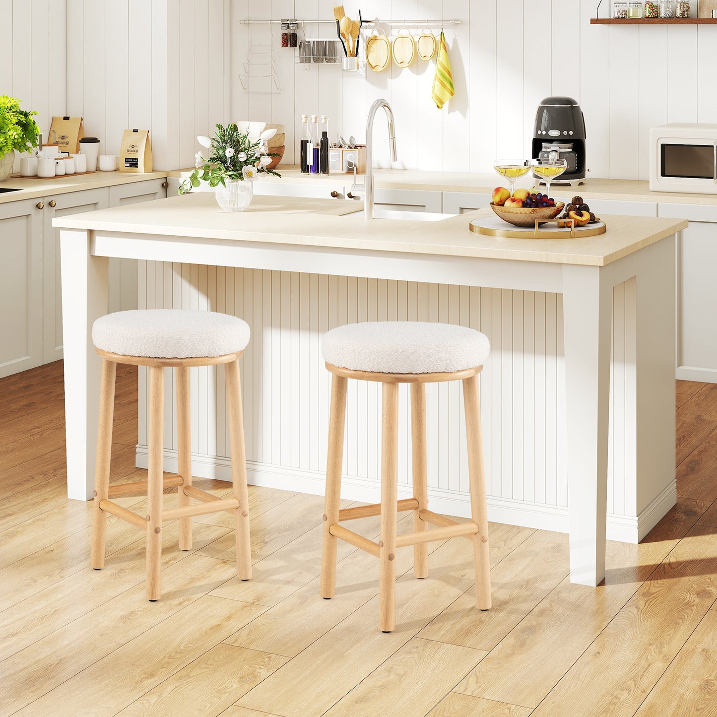 27" Bar Stools Set of 2 Upholstered Barstools with Boucle Fabric Seats, White Bar Stools at Gallery Canada