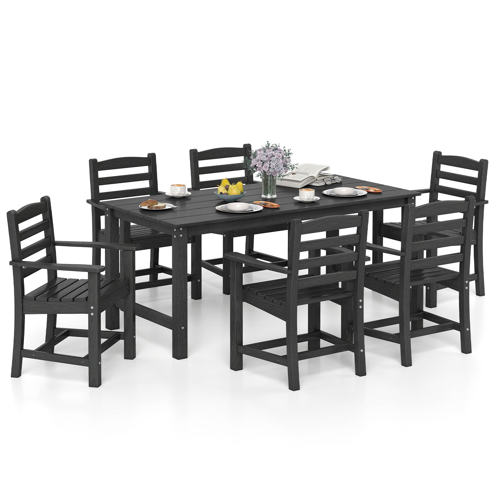 7 Pieces Outdoor Dining Table Set for 6 People 67” HDPE Patio Rectangle Table and 6 Armchairs, Black Patio Dining Sets at Gallery Canada