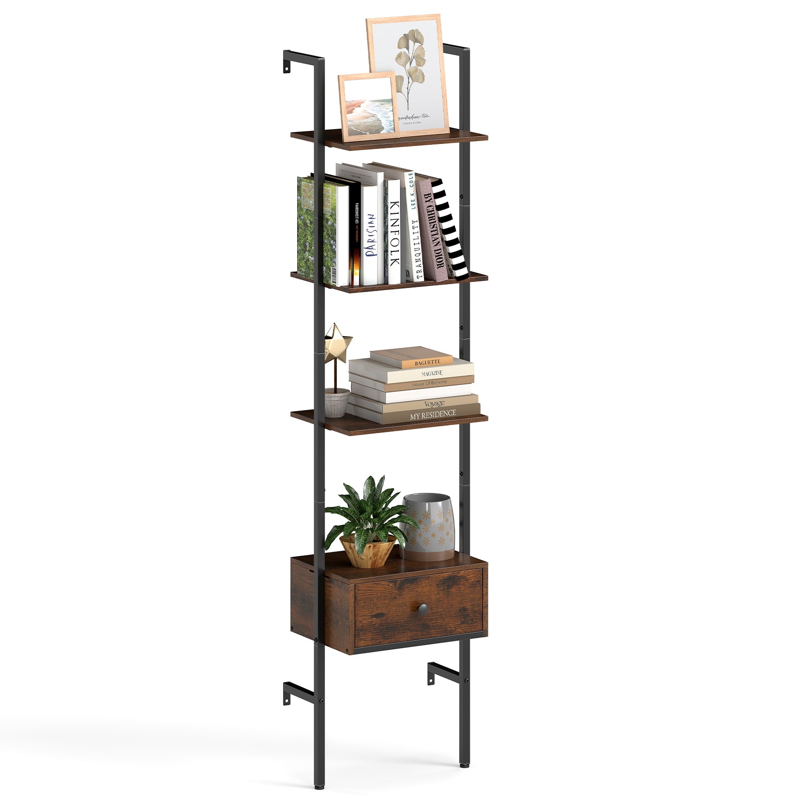 5-Tier Ladder Bookcase with Drawer and Metal Frame for Study Home Office, Rustic Brown Bookcases at Gallery Canada