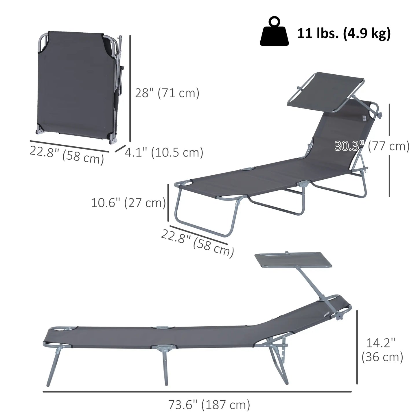 Outdoor Lounge Chair, Adjustable Folding Chaise, Tanning Chair with Shade, Grey Lounger Chairs at Gallery Canada
