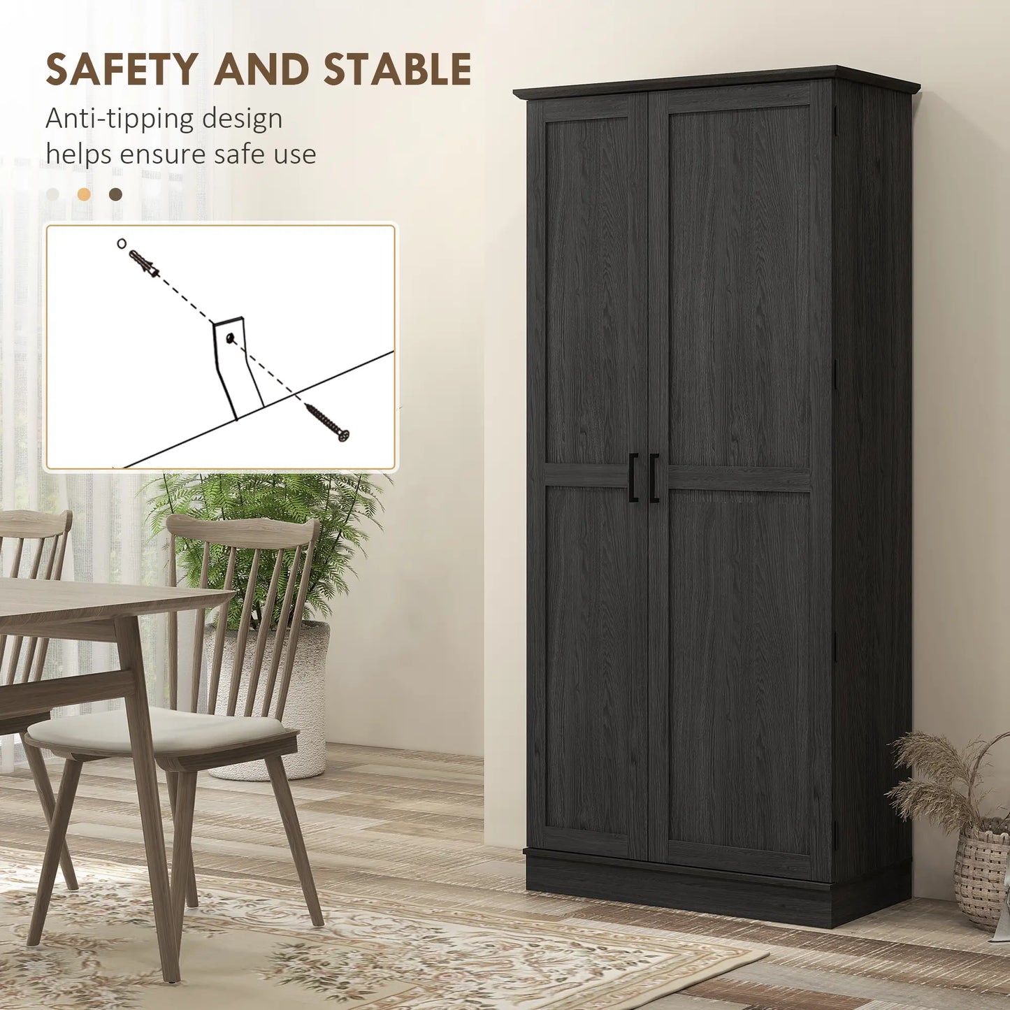 70" Tall Kitchen Pantry Cabinet, Adjustable Shelves, Black Wood Grain, Black Kitchen Pantry Cabinets at Gallery Canada