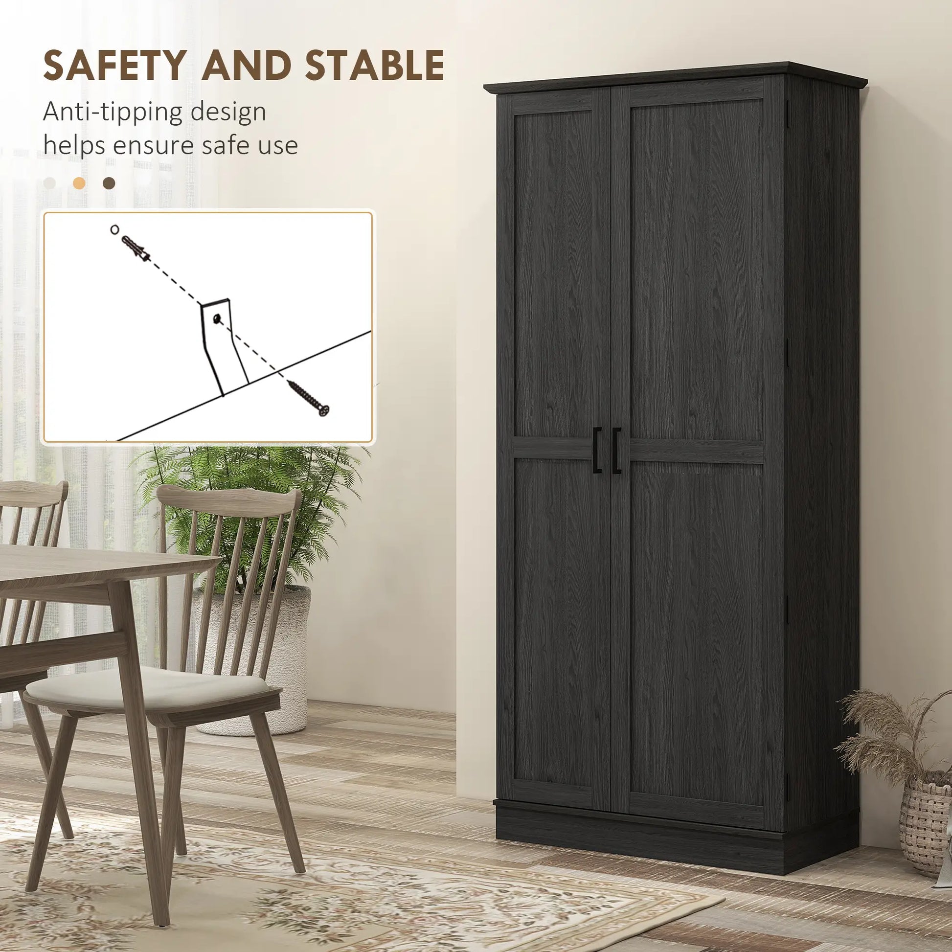 70" Tall Kitchen Pantry Cabinet, Adjustable Shelves, Black Wood Grain, Black Kitchen Pantry Cabinets at Gallery Canada