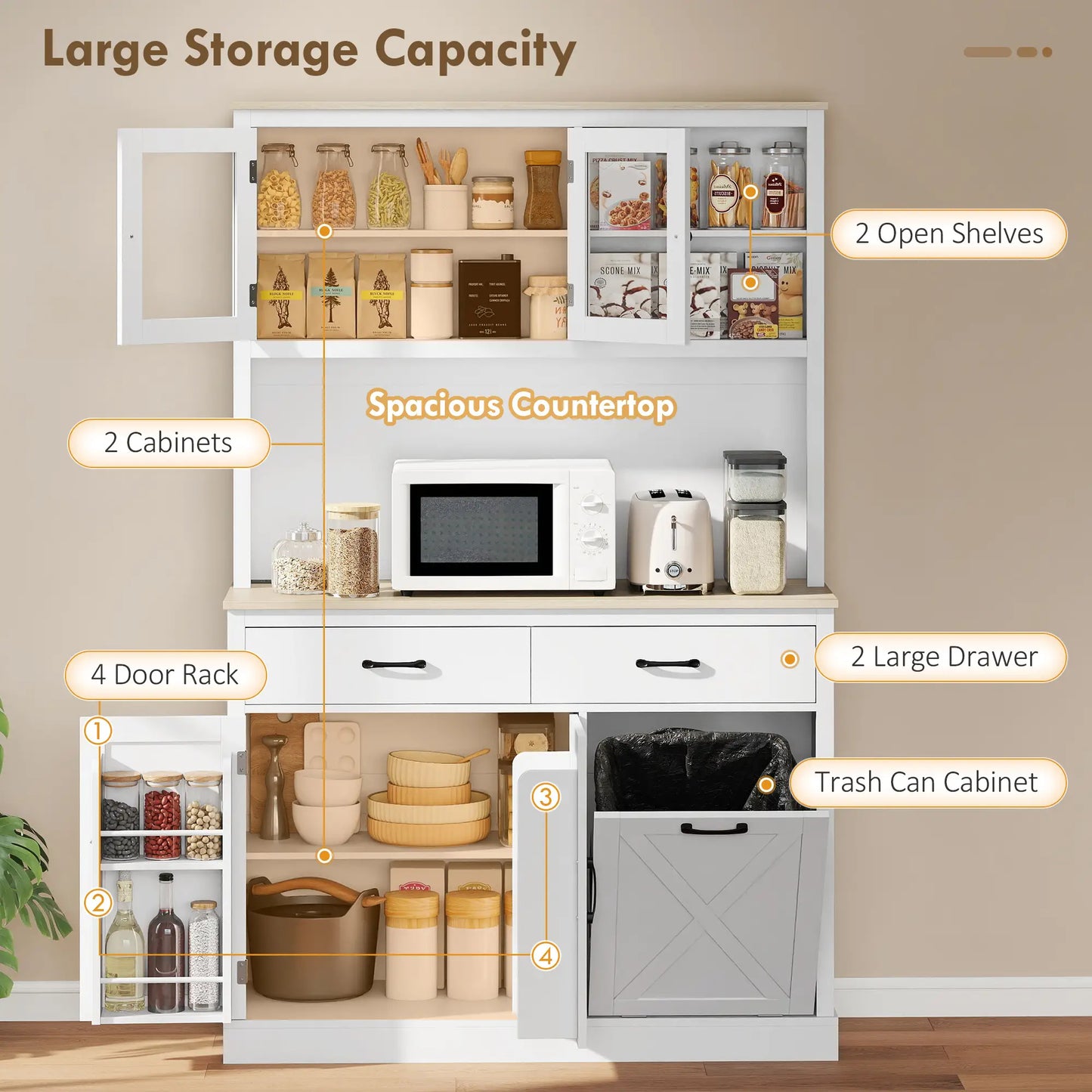 69" Pantry Cabinet With Charging Station, Microwave Stand, Tilt-Out Trash Can, White Kitchen Pantry Cabinets at Gallery Canada