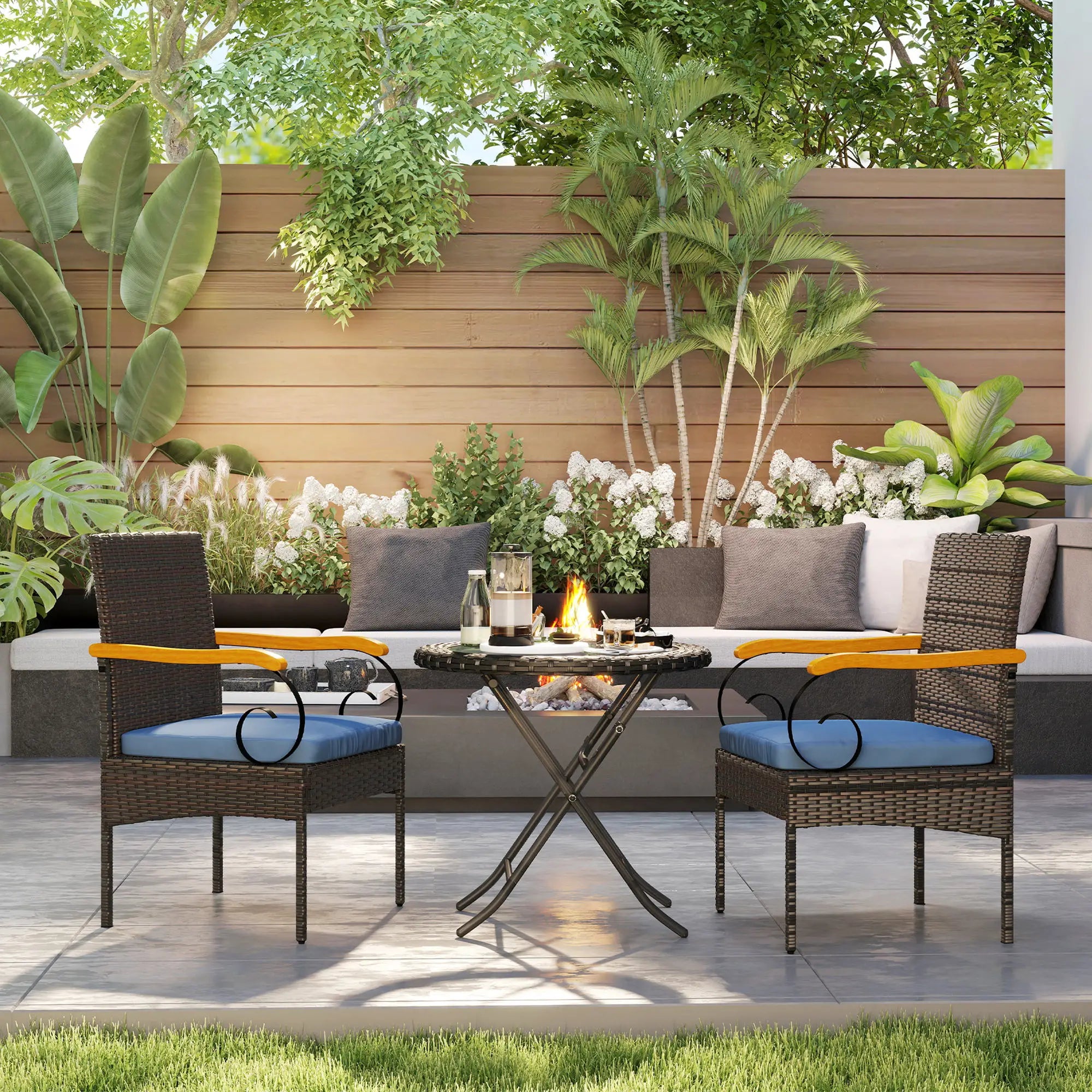 Set of 2 Rattan Outdoor Dining Chairs, Removable Cushion, Navy Blue Patio Chairs at Gallery Canada