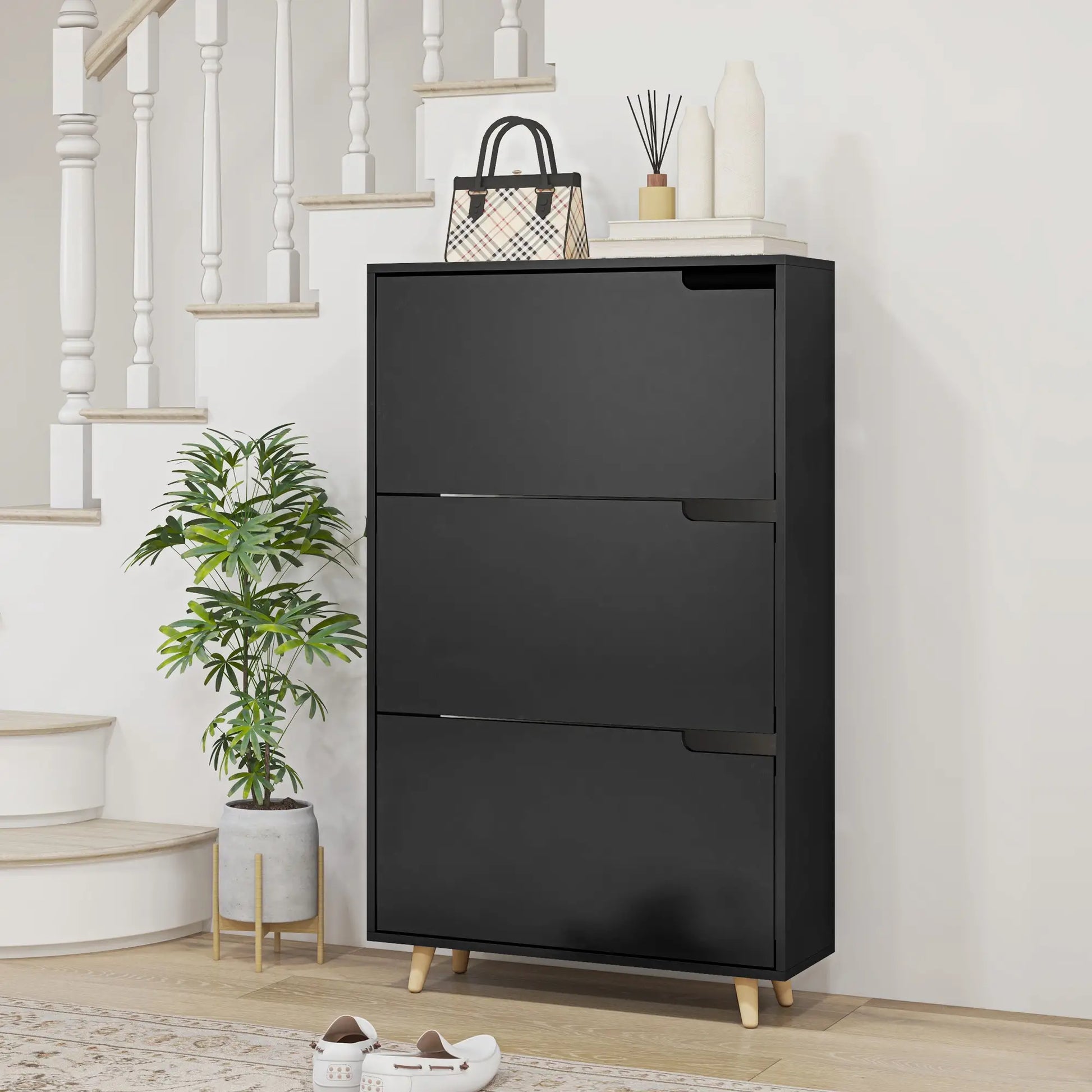 Slim Shoe Storage Cabinet, 3 Flip Drawers, Adjustable Shelves, 18-24 Pairs, Black Shoe Storage Cabinets & Racks at Gallery Canada