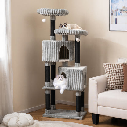 62 Inch Tall Cat Tower with Scratching Posts and Soft Flannel Covering-LG, Light Gray