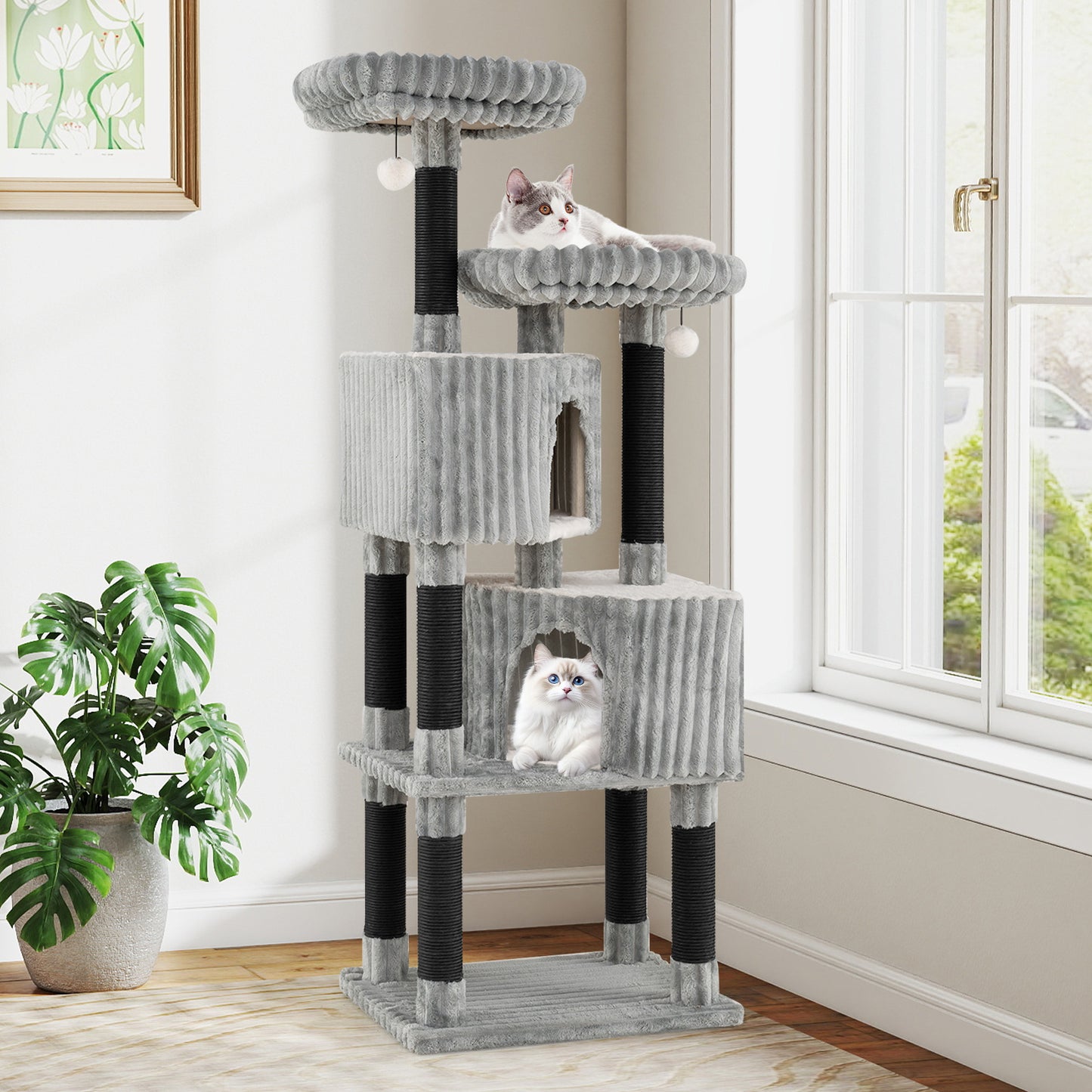 62 Inch Tall Cat Tower with Scratching Posts and Soft Flannel Covering-LG, Light Gray