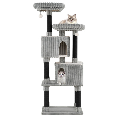62 Inch Tall Cat Tower with Scratching Posts and Soft Flannel Covering-LG, Light Gray
