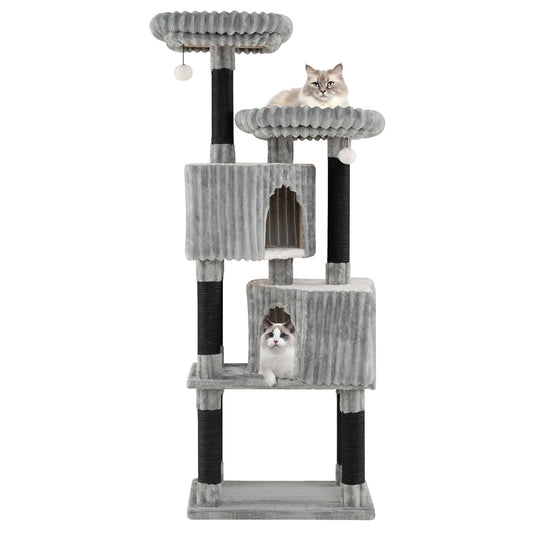 62 Inch Tall Cat Tower with Scratching Posts and Soft Flannel Covering-LG, Light Gray