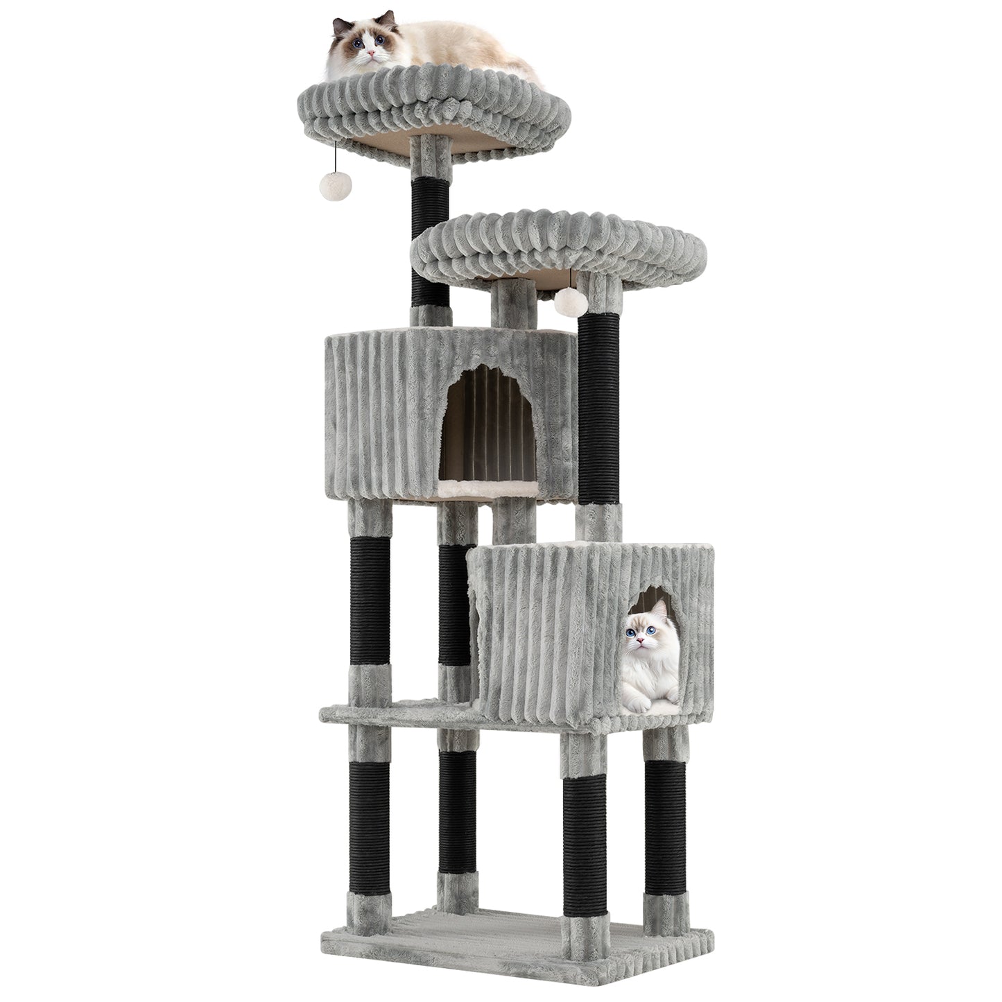 62 Inch Tall Cat Tower with Scratching Posts and Soft Flannel Covering-LG, Light Gray