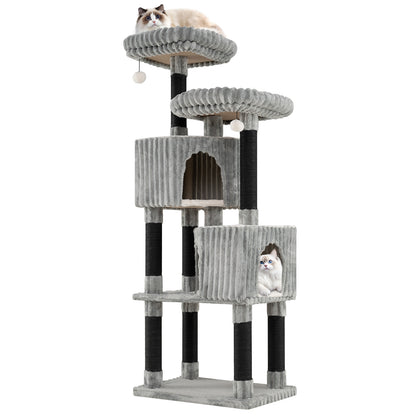 62 Inch Tall Cat Tower with Scratching Posts and Soft Flannel Covering-LG, Light Gray