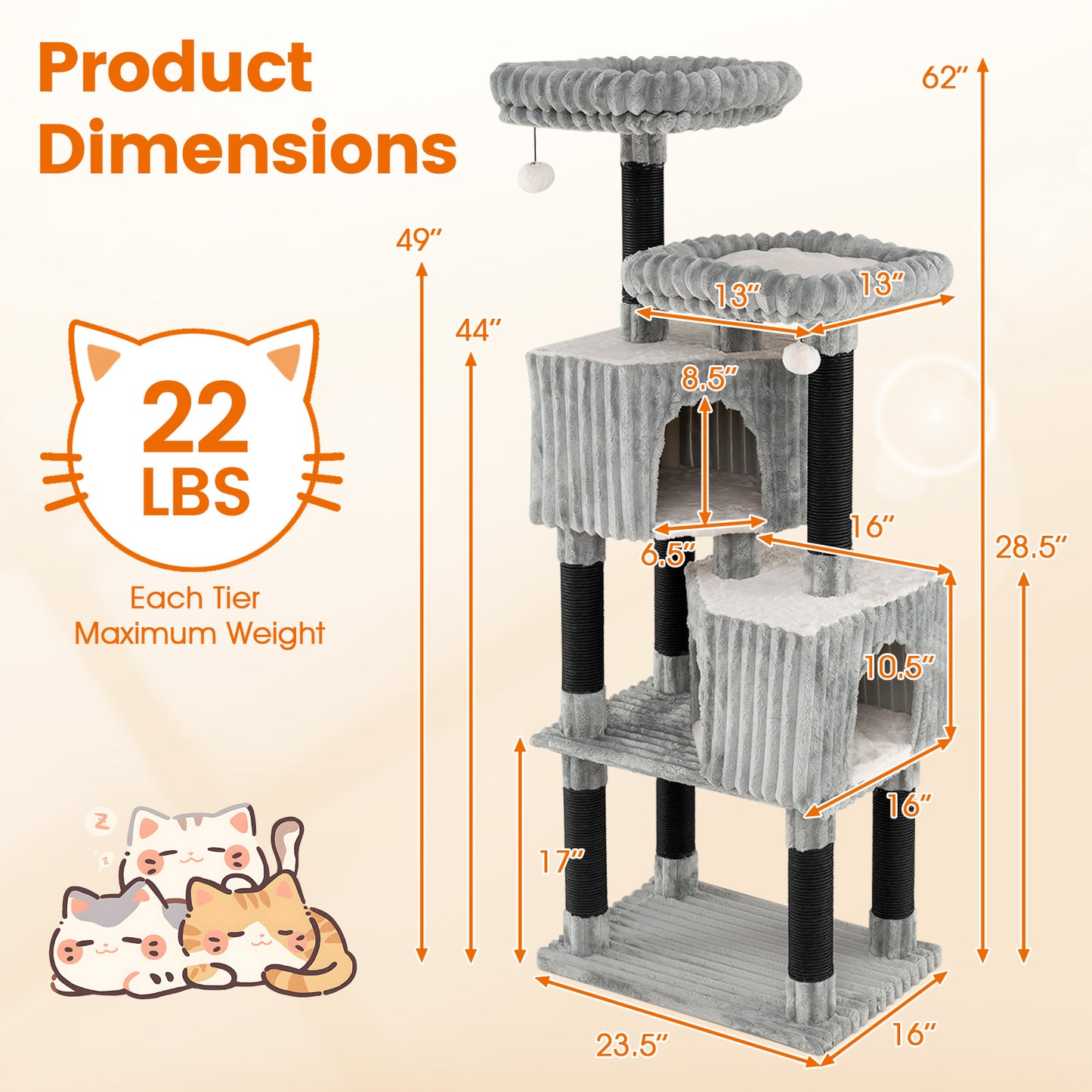 62 Inch Tall Cat Tower with Scratching Posts and Soft Flannel Covering-LG, Light Gray