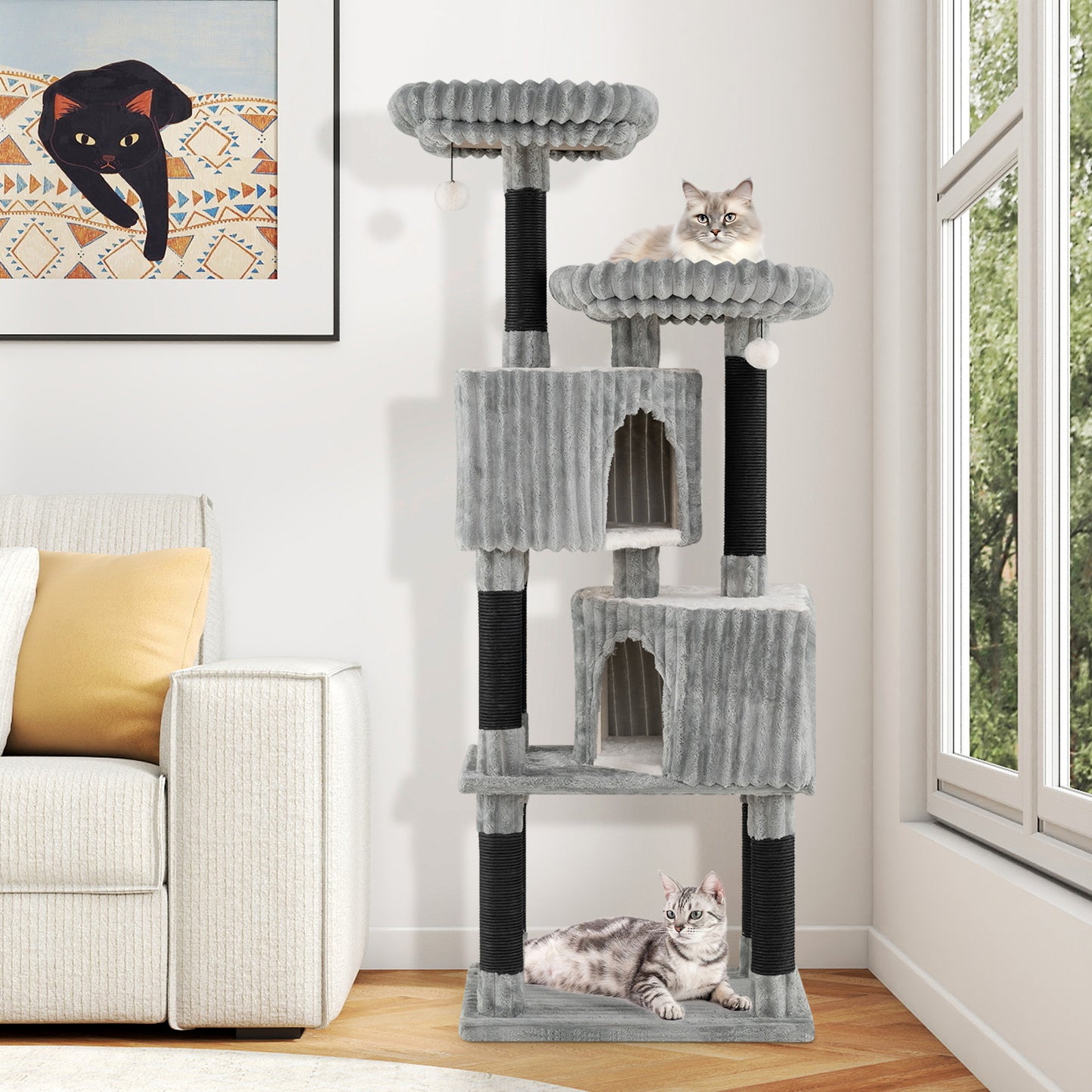 62 Inch Tall Cat Tower with Scratching Posts and Soft Flannel Covering-LG, Light Gray