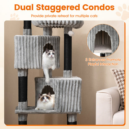62 Inch Tall Cat Tower with Scratching Posts and Soft Flannel Covering-LG, Light Gray