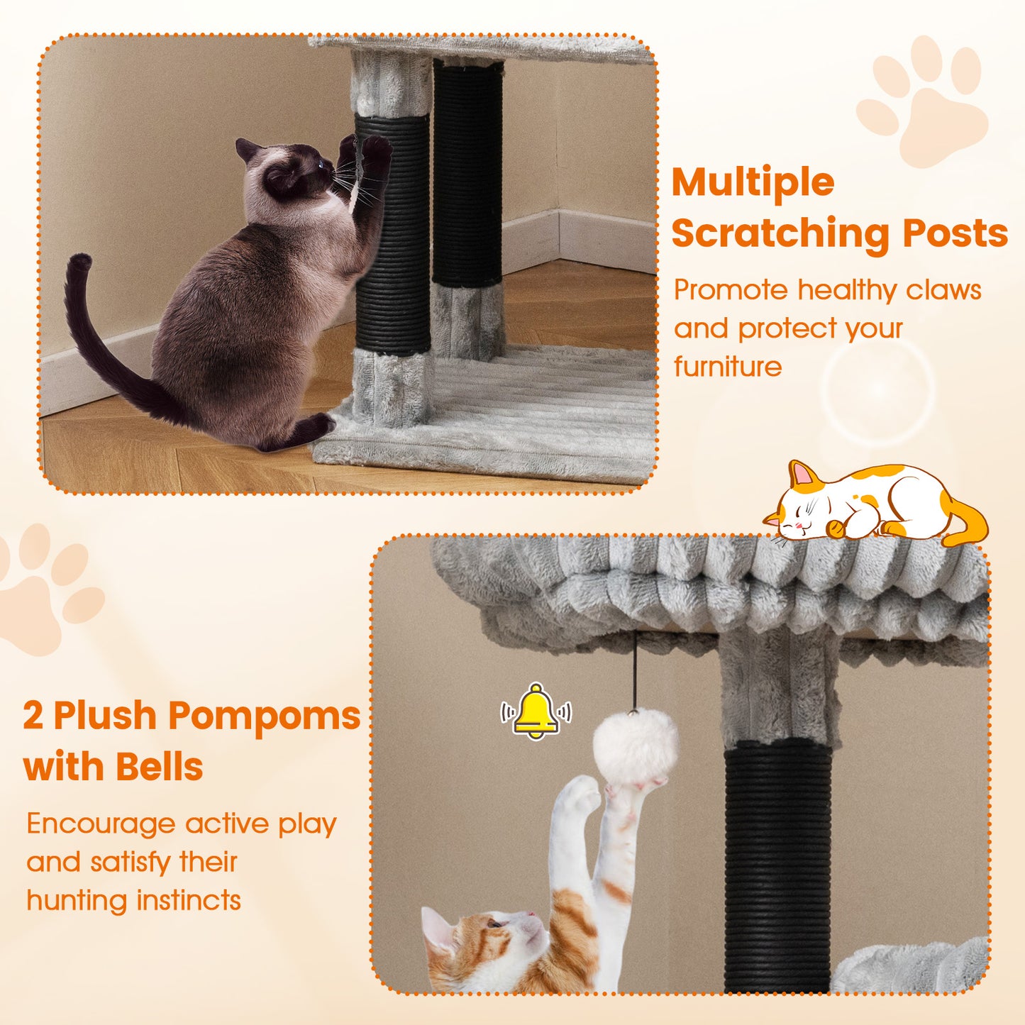 62 Inch Tall Cat Tower with Scratching Posts and Soft Flannel Covering-LG, Light Gray