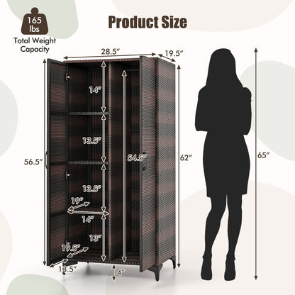 62 Inch Wicker Wardrobe, 2 Doors, Hanging Rod, Brown