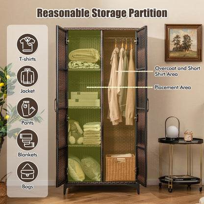 62 Inch Wicker Wardrobe, 2 Doors, Hanging Rod, Brown