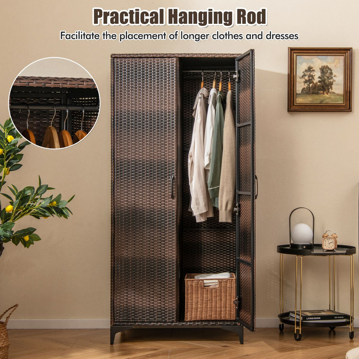 62 Inch Wicker Wardrobe, 2 Doors, Hanging Rod, Brown