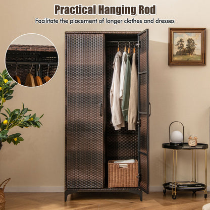 62 Inch Wicker Wardrobe, 2 Doors, Hanging Rod, Brown