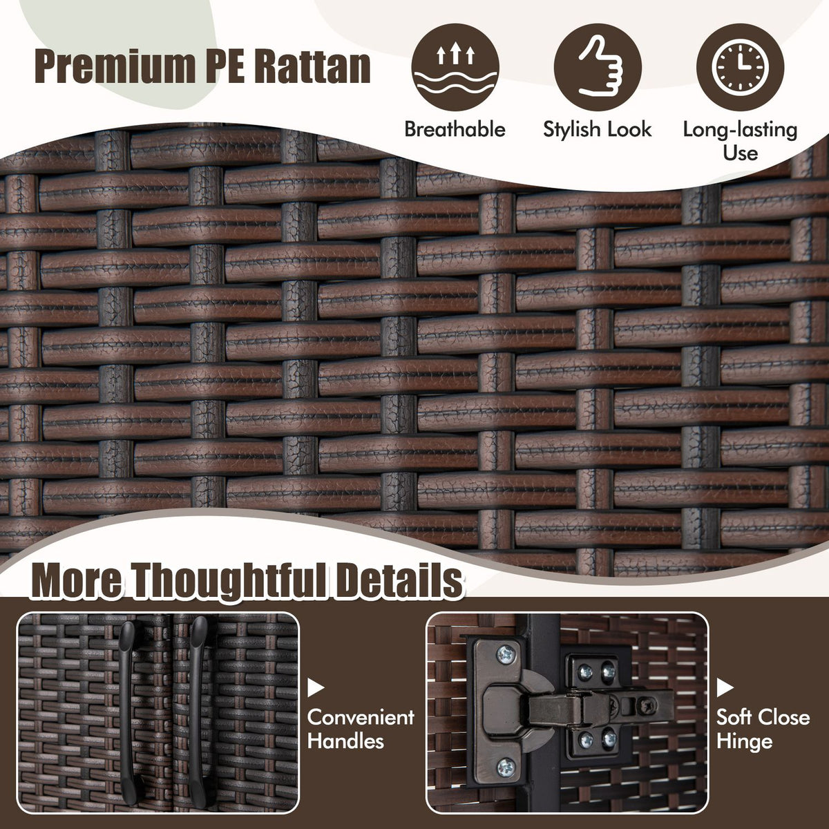 62 Inch Wicker Wardrobe, 2 Doors, Hanging Rod, Brown
