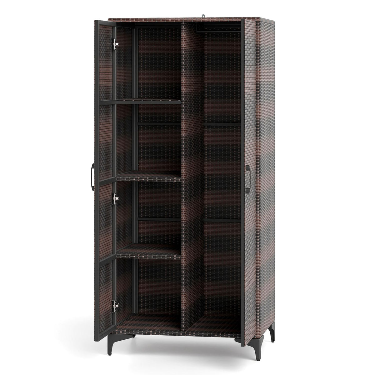 62 Inch Wicker Wardrobe, 2 Doors, Hanging Rod, Brown