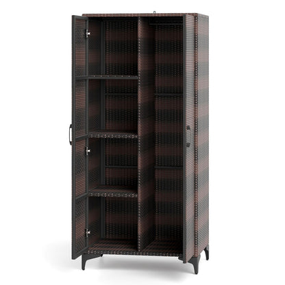62 Inch Wicker Wardrobe, 2 Doors, Hanging Rod, Brown