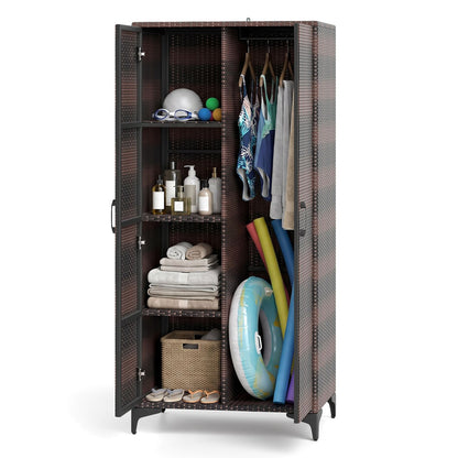 62 Inch Wicker Wardrobe, 2 Doors, Hanging Rod, Brown