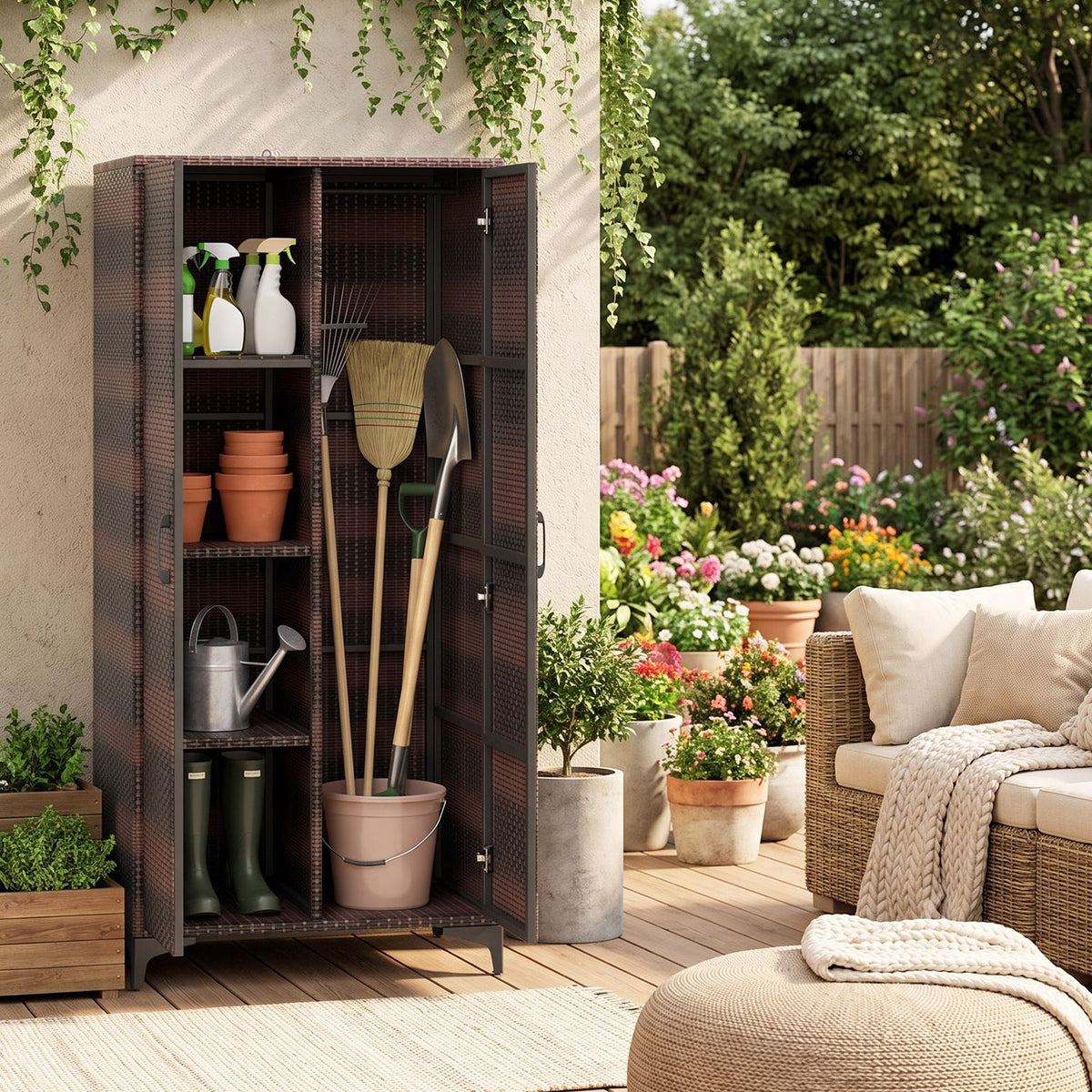 62 Inch Wicker Wardrobe, 2 Doors, Hanging Rod, Brown