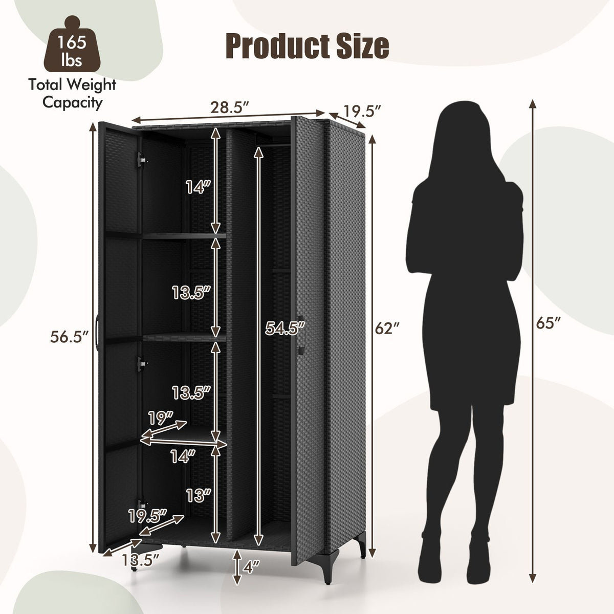 62 Inch Wicker Wardrobe, 2 Doors, PE Rattan, Hanging Rod, Black