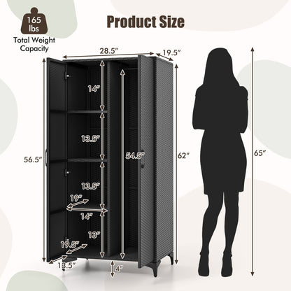 62 Inch Wicker Wardrobe, 2 Doors, PE Rattan, Hanging Rod, Black