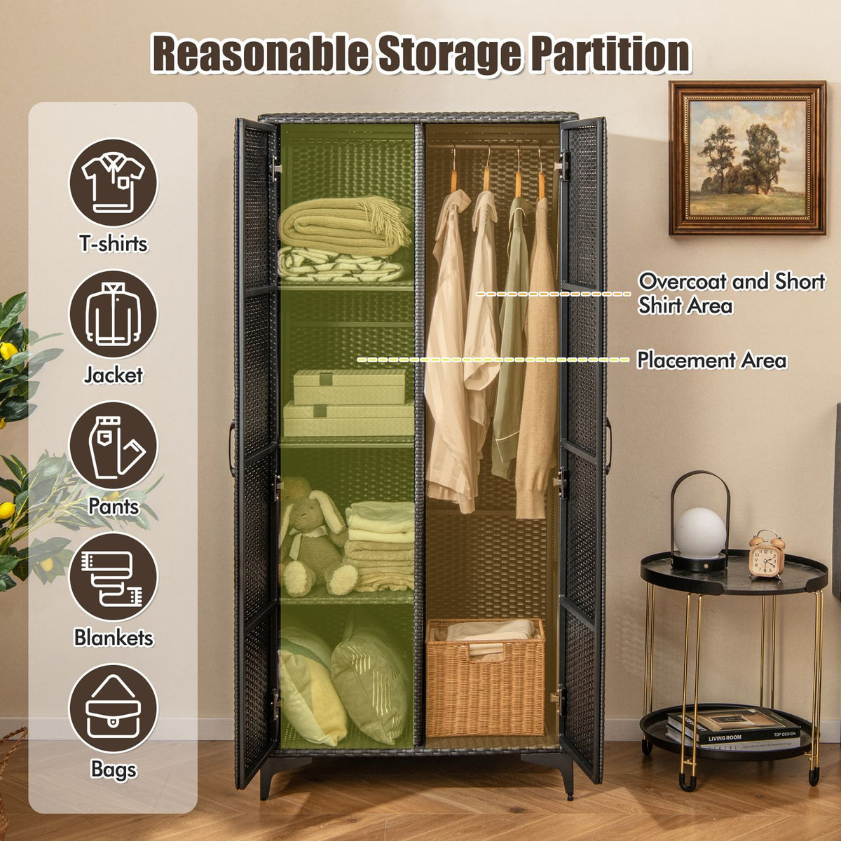 62 Inch Wicker Wardrobe, 2 Doors, PE Rattan, Hanging Rod, Black