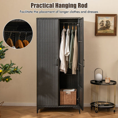62 Inch Wicker Wardrobe, 2 Doors, PE Rattan, Hanging Rod, Black