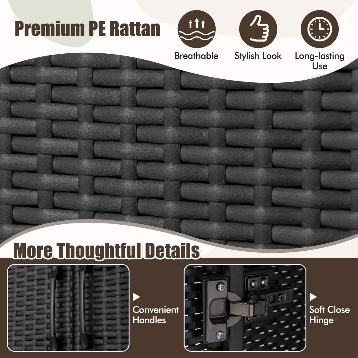 62 Inch Wicker Wardrobe, 2 Doors, PE Rattan, Hanging Rod, Black