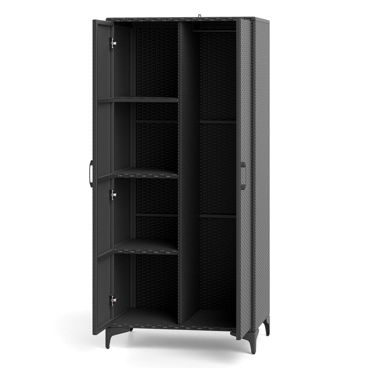 62 Inch Wicker Wardrobe, 2 Doors, PE Rattan, Hanging Rod, Black