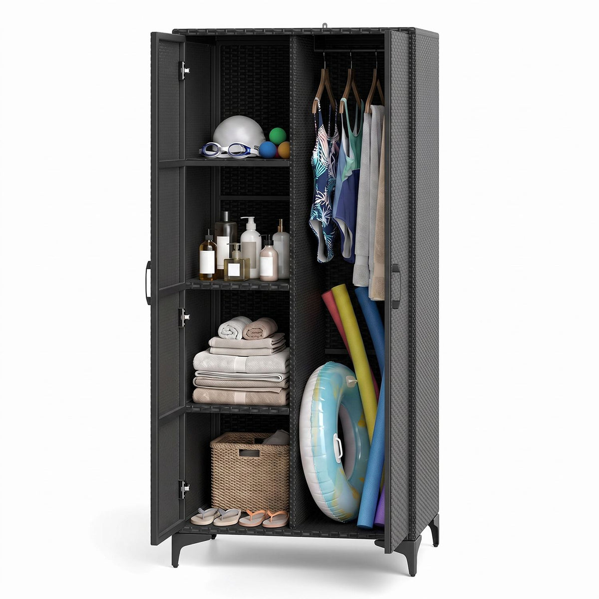 62 Inch Wicker Wardrobe, 2 Doors, PE Rattan, Hanging Rod, Black