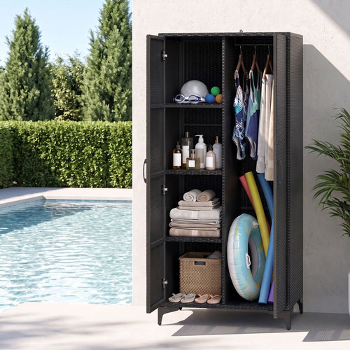62 Inch Wicker Wardrobe, 2 Doors, PE Rattan, Hanging Rod, Black