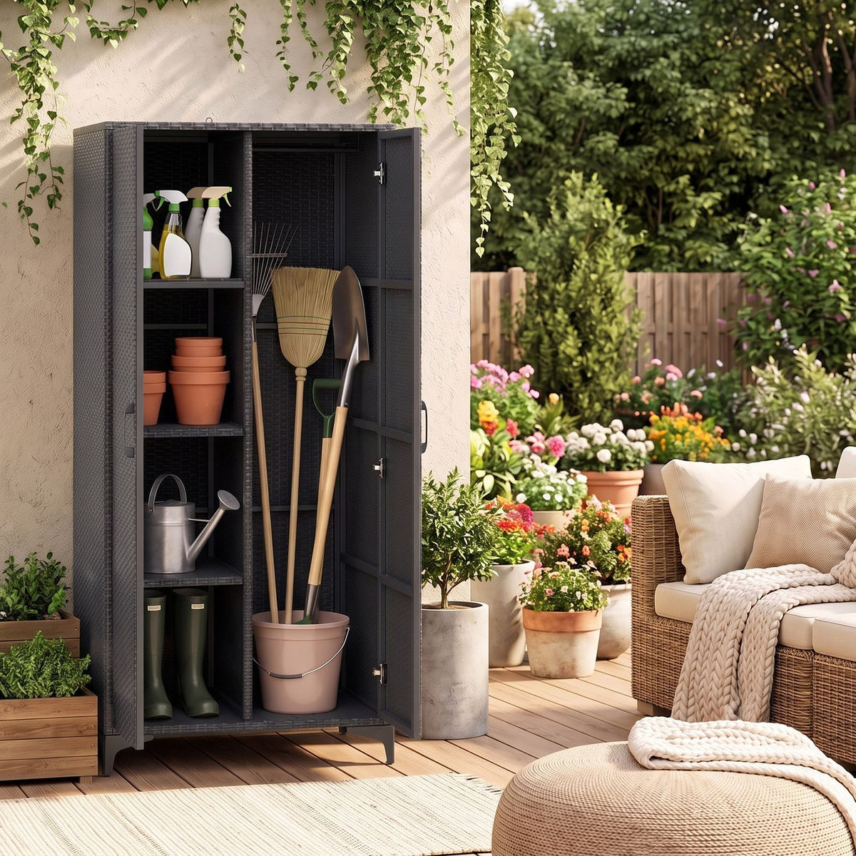 62 Inch Wicker Wardrobe, 2 Doors, PE Rattan, Hanging Rod, Black