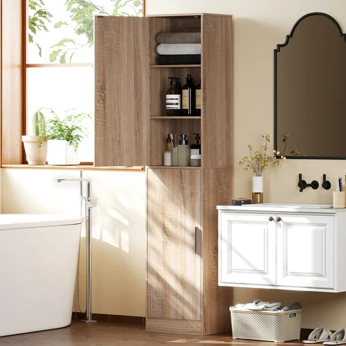 Tall Bathroom Cabinet, Slim 6-Tier Bathroom Floor Cabinet with 2 Doors and 4 Adjustable Shelves, Natural Wood