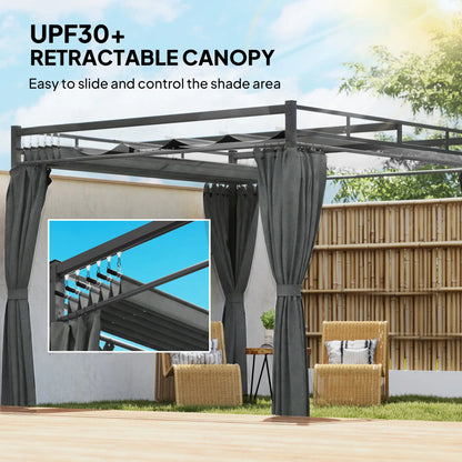 10' x 10' Dark Grey Outdoor Gazebo, Retractable Pergola Canopy With Curtains, Dark Grey Pergolas at Gallery Canada
