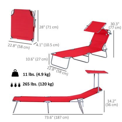 Adjustable Folding Chaise Lounge, Outdoor Tanning Chair with Sun Shade, Red