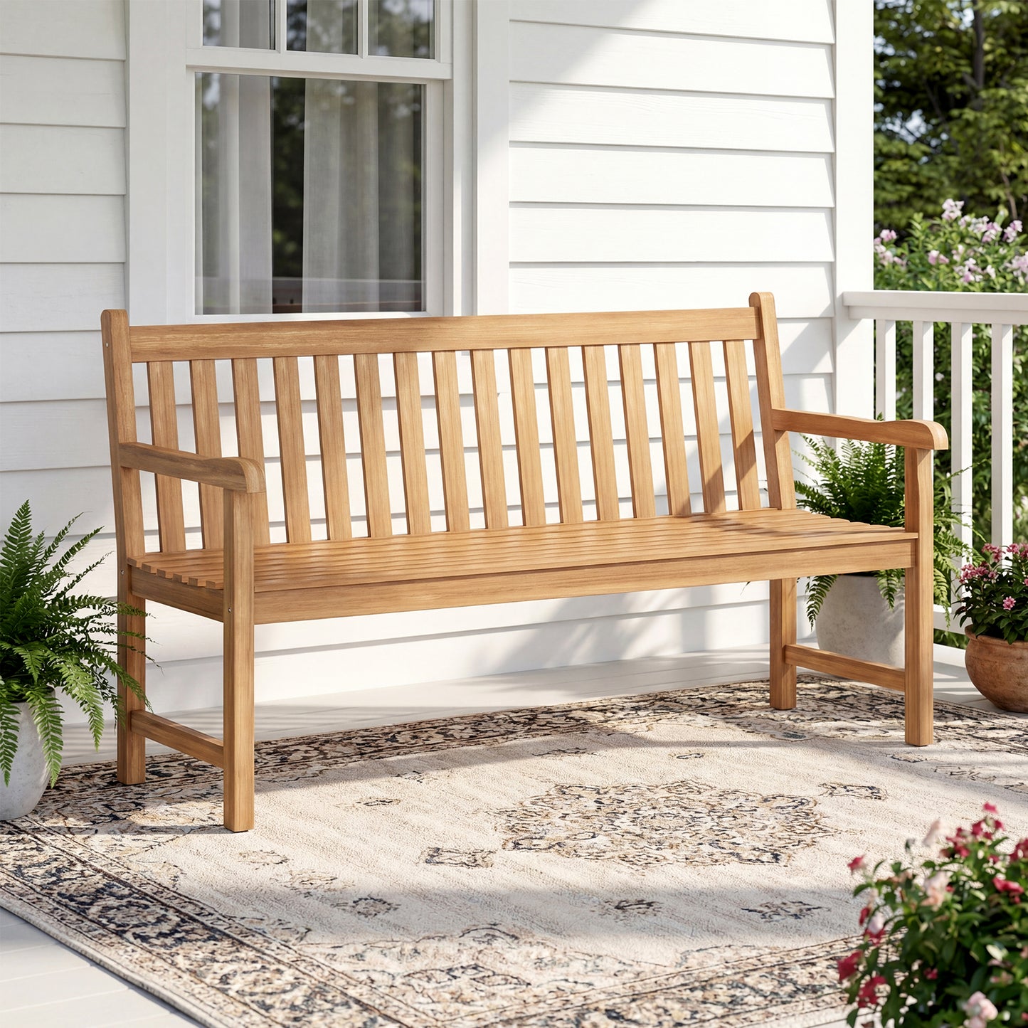 62 Inch Teak Outdoor Porch Bench, 3-Seat Solid Wood Garden Patio Bench Outdoor Benches at Gallery Canada