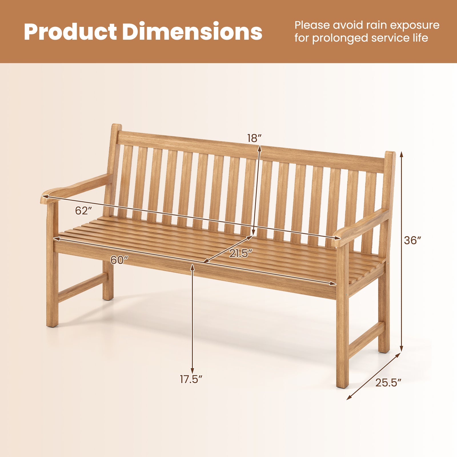 62 Inch Teak Outdoor Porch Bench, 3-Seat Solid Wood Garden Patio Bench Outdoor Benches at Gallery Canada