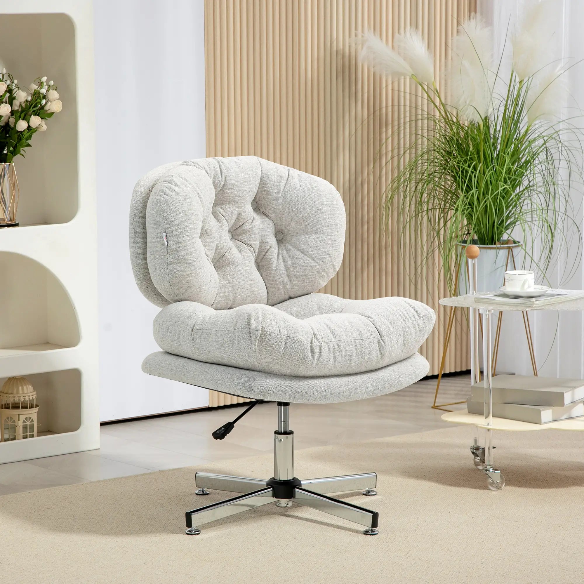 Computer Desk Chair, Armless Office Chair with Wide Padded Seat and Adjustable Height, Cream White Task Chairs at Gallery Canada
