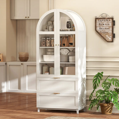 71" Tall White Arched Kitchen Pantry Cabinet, Shelves, 2 Drawers, Acrylic Doors, White Kitchen Pantry Cabinets at Gallery Canada