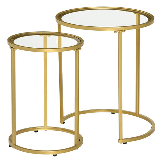 Set of 2 Nesting Coffee Tables, Round Side Table with Tempered Glass, Gold Side Tables Gold, Clear at Gallery Canada