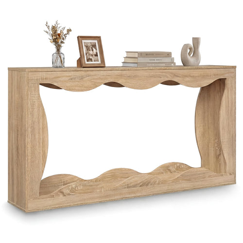63 Inch Console Table, 2-Tier Narrow Entryway, Wavy Edge Storage Shelf, Natural