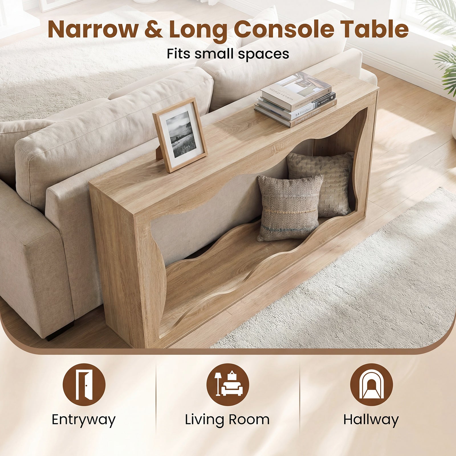 63 Inch Console Table, 2-Tier Narrow Entryway, Wavy Edge Storage Shelf, Natural Console Tables at Gallery Canada
