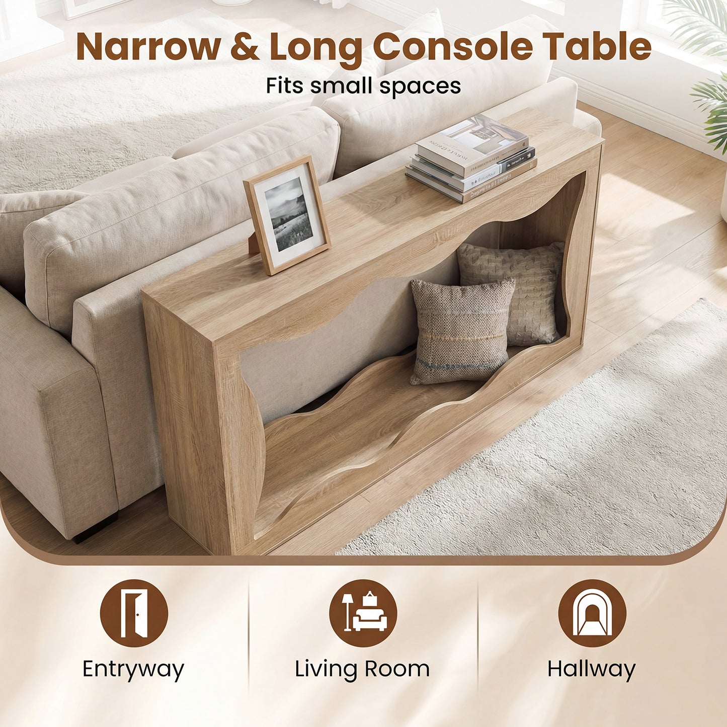 63 Inch Console Table, 2-Tier Narrow Entryway, Wavy Edge Storage Shelf, Natural Console Tables at Gallery Canada