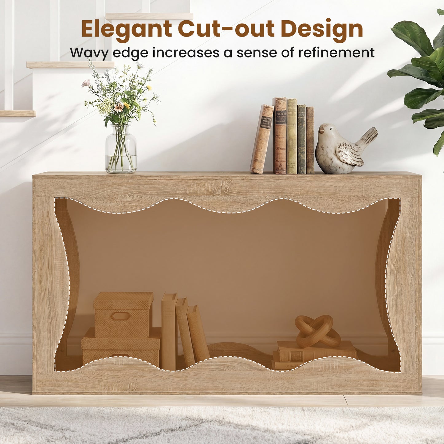 63 Inch Console Table, 2-Tier Narrow Entryway, Wavy Edge Storage Shelf, Natural Console Tables at Gallery Canada