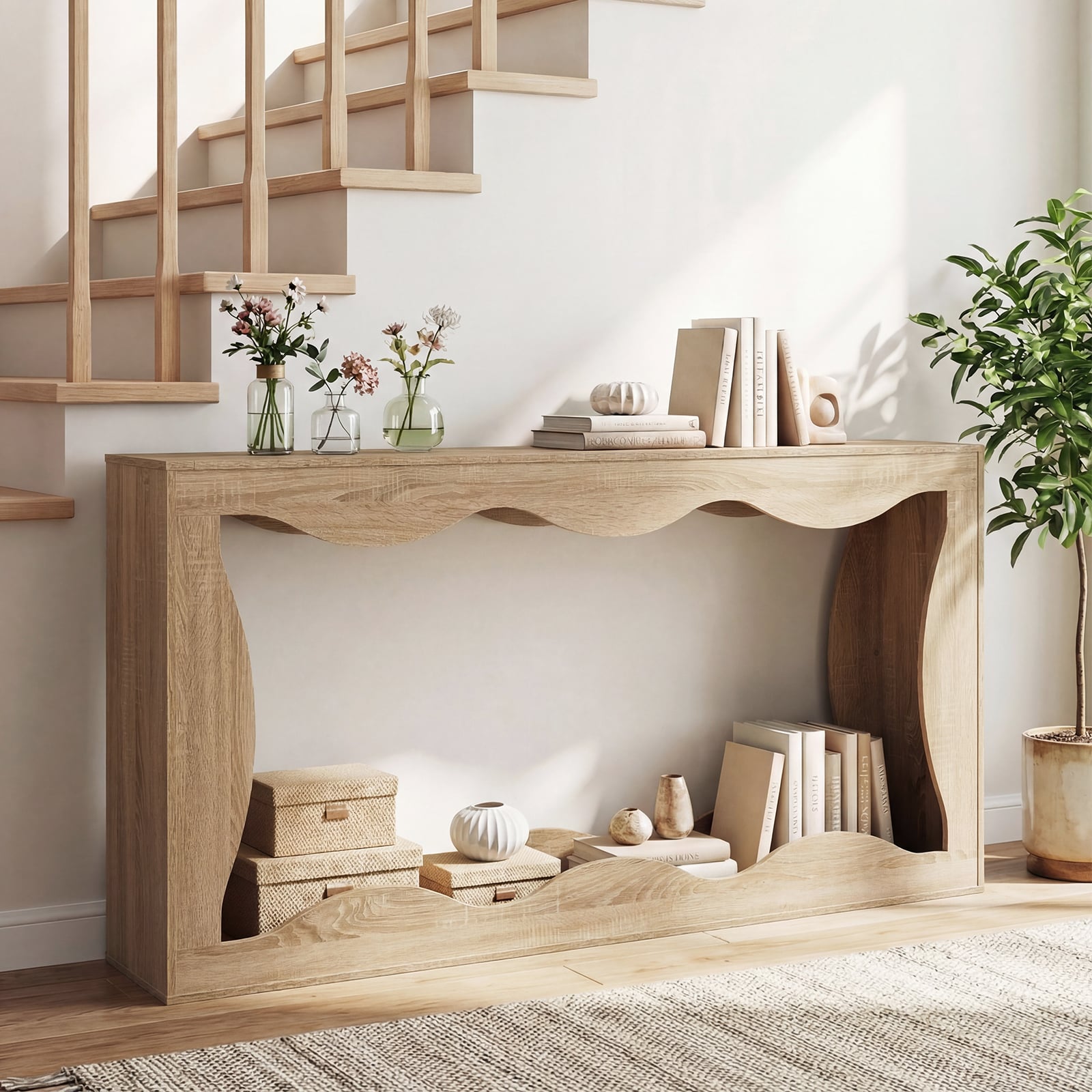63 Inch Console Table, 2-Tier Narrow Entryway, Wavy Edge Storage Shelf, Natural Console Tables at Gallery Canada